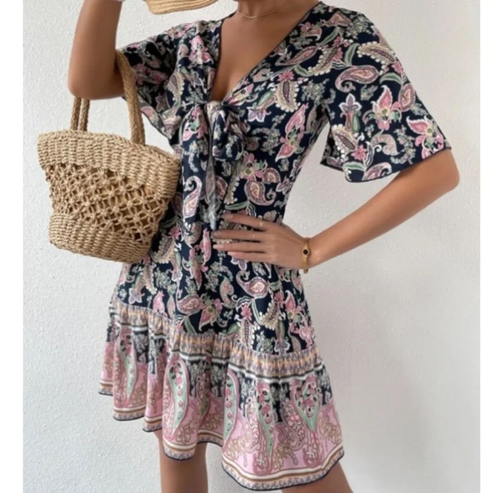 Boho black pink paisley print knot front mini dress